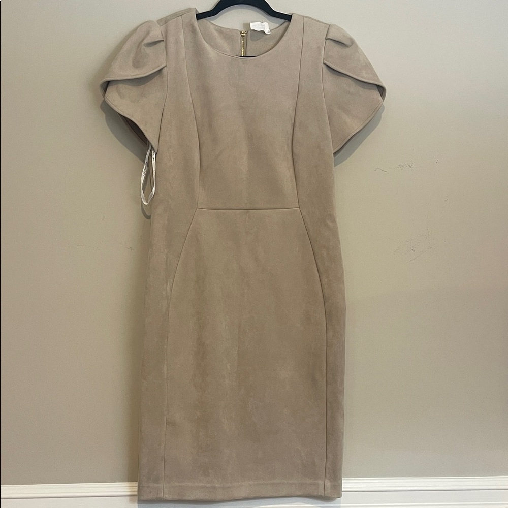 Calvin Klein Beige faux suede Midi Dress with Puff Sleeves